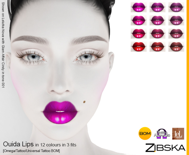 Zibska ~ Ouida Lips in 12 colors in 3 fits with Omega appliers, tattoo and universal tattoo BOM layers