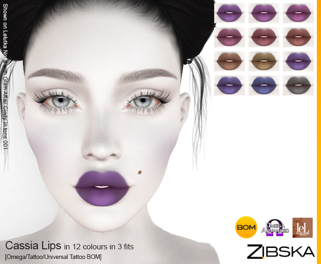 Zibska ~ Cassia Lips in 12 colors in 3 fits with Omega appliers, tattoo and universal tattoo BOM layers