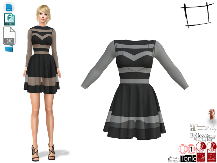 Dae Obj FBX For Striped Little Black Dress Slink,Maitreya,Belleza,Tonic,Legacy, Voluptuous