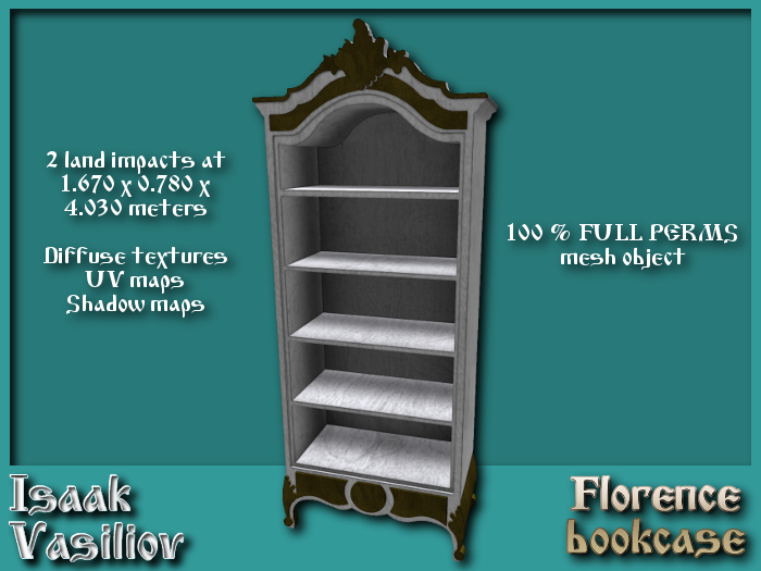 Florence bookcase - FULL PERMS Mesh - 2 land impacts