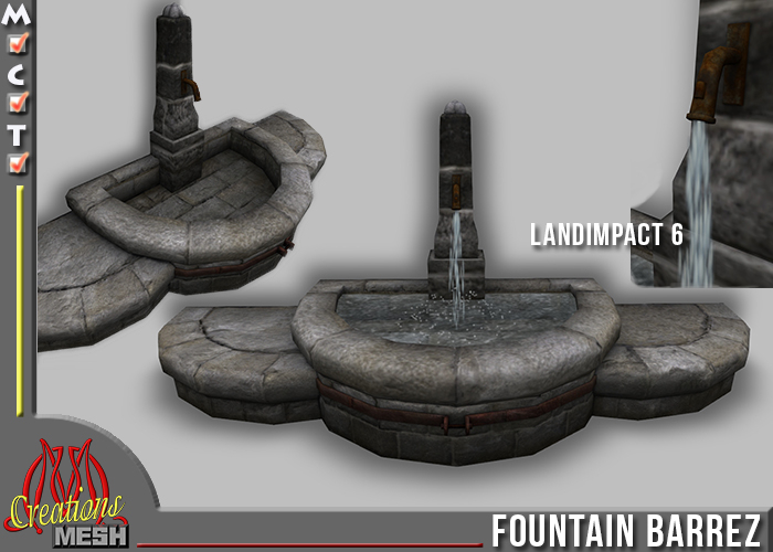 Fountain Barrez Full Perm Mesh, medieval style fountain with water feature and stone bench