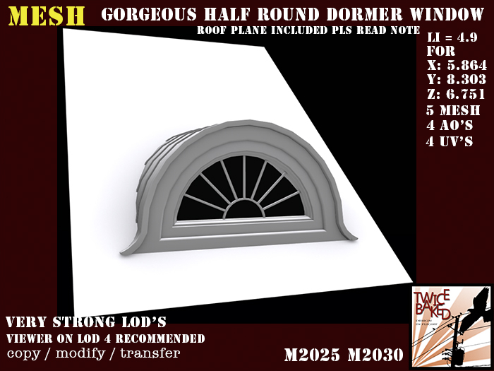 "TB" half round dormer window M2025 M2030