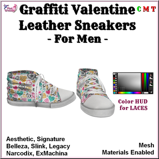 Pink Grenade - Graffiti Valentine Leather Men's Sneakers 