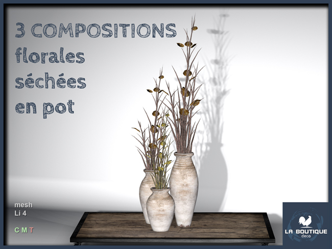 LB - 3 compositions florales sechees en pot