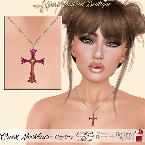 DPB Cross Necklace - Sparkles Strawberry *Maitreya, Slinks, Freya & Venus*