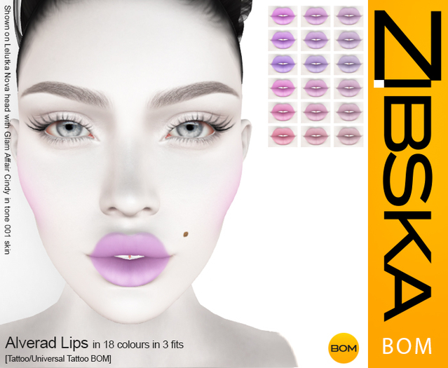 Zibska BOM Pack ~ Alverad Lips Lips in 18 colors in 3 fits with tattoo and universal tattoo BOM layers