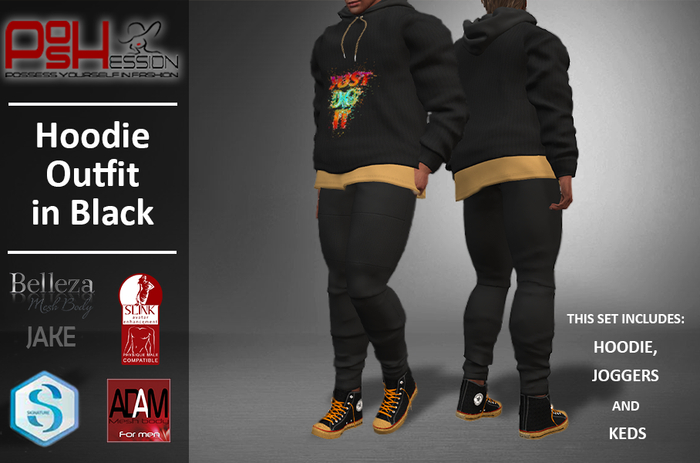 (POSHESSION) HOODIE OUTFIT IN BLACK FOR MEN