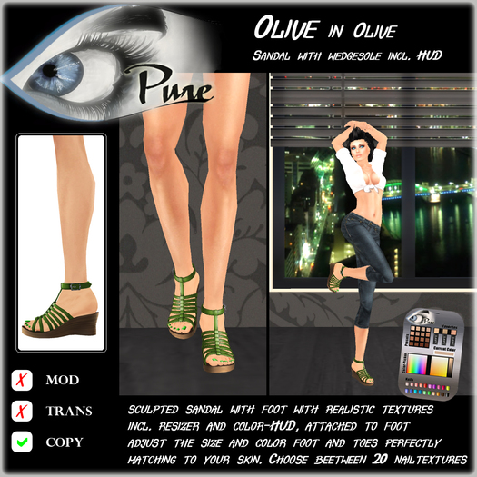 << PURE >> Pure Shoes - Olive in Olive [inworld price 99L$]