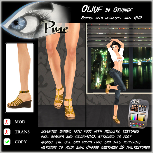 << PURE >> Pure Shoes - Olive in Orange [inworld price 99L$]
