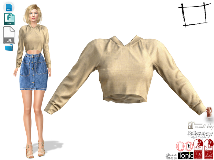 Dae Obj FBX For Hooded Crop Sweat Top Slink, Maitreya, Belleza, Tonic, Legacy, Voluptuous