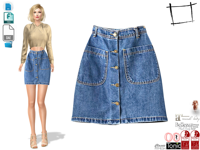 Dae Obj FBX For Denim Mini Skirt With Front Pockets Slink, Maitreya, Belleza, Tonic, Legacy, Voluptuous