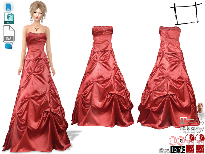 Dae Obj FBX For Formal Red Gown Cake Dress With Gatherings Slink, Maitreya, Belleza, Tonic, Legacy