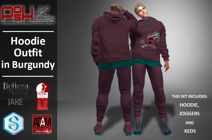 (POSHESSION) HOODIE OUTFIT IN BURGUNDY FOR MEN