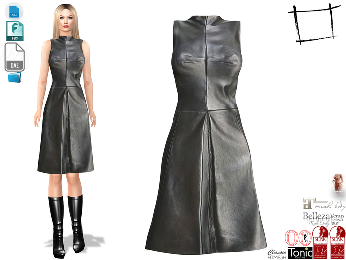 Dae Obj FBX For High Neck Sleeveless Black Leather Dress Slink, Maitreya, Belleza, Tonic, Legacy