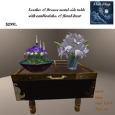 Leather & Bronze side table with floral decor & candlesticks-BO