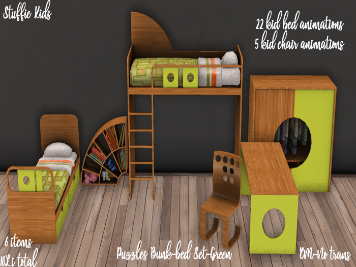 Stuffie Kids~ Puzzles Green Bunkbed Set