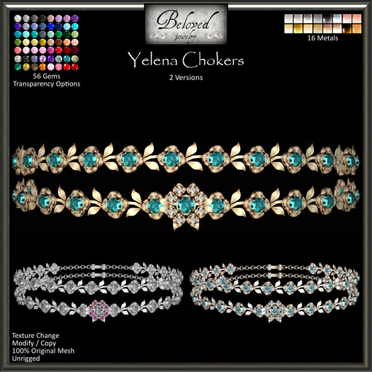 Beloved Jewelry : Yelena Chokers Set (Texture Change) 2 Versions, Gold, Silver, Diamond Collar Necklace