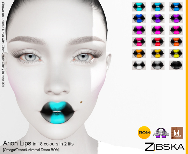 Zibska ~ Arion Lips in 18 colors in 2 fits with Omega appliers, tattoo and universal tattoo BOM layers