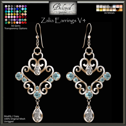 Beloved Jewelry : Zalia Earrings V4 (Texture Change) Gold, Silver, Ruby, Aquamarine, Gemstone