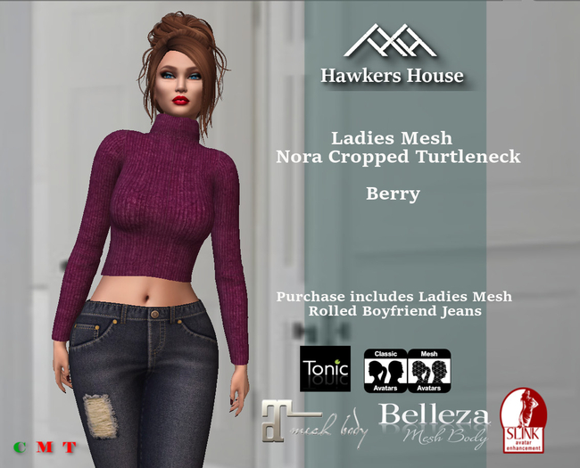 *HH* Ladies Mesh Nora Cropped Turtleneck Berry