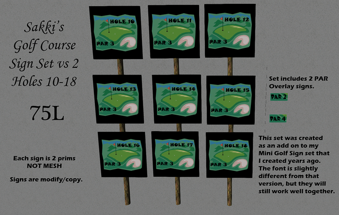 Sakki's Mini Golf signs for Holes 10-18 boxed