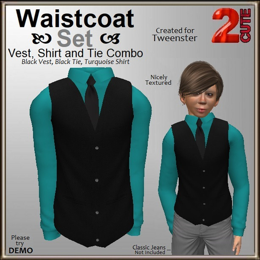 Second Life Marketplace - Waistcoat Set [2cute] Black with Turquoise Dress  Shirt