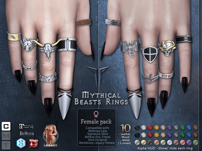 **RE** Mythical Beasts Rings - Female Pack - Maitreya, Belleza, Meshbody, SLink