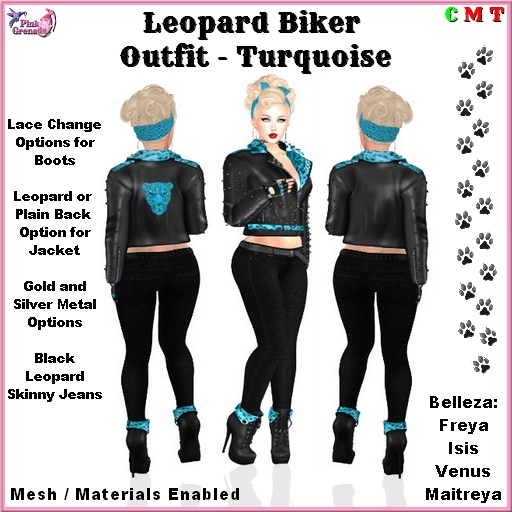 Pink Grenade - Kool Leather Leopard Biker Outfit - Turquoise