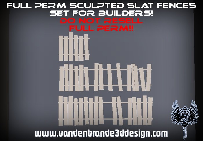 ~Full perm wooden slat fences set + maps! 2 prims each fence