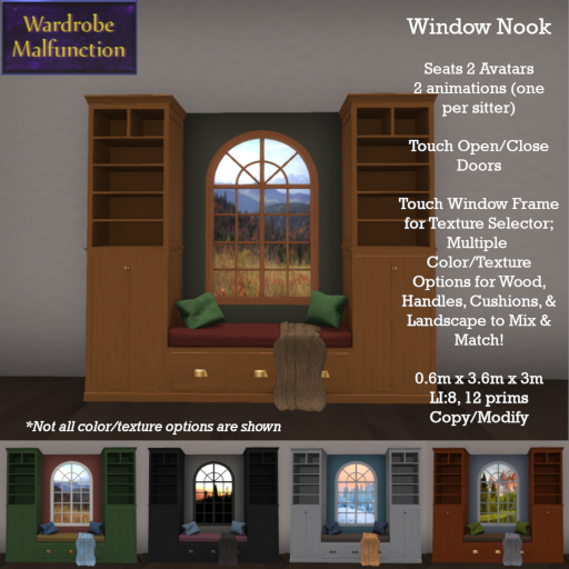 ~WM~ Wood Window Nook Bench Seat with Window, Tintable and Texture Change, Seats 2 Avatars, Copy/Modify