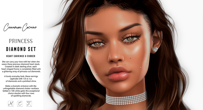 [Cinnamon Cocaine] Princess Diamond Choker & Heart Earring Set