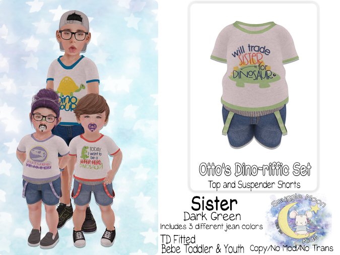 {SMK} Otto's Dino-riffic Set | Sister - Dark Green | Bebe Toddler & Youth + Toddleedoo Fitted