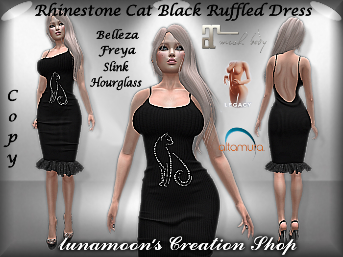 DEMO-Rhinestone Cat Black Ruffled Dress