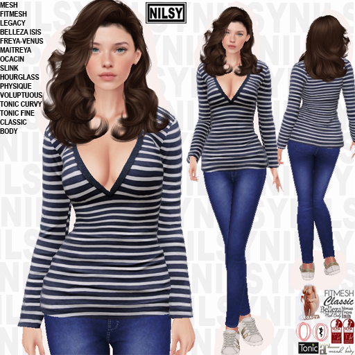 V NECK MARINE TOP AND JEANS,ALL BODIES