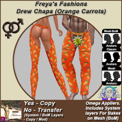 Freya's Fashions Drew Chaps (Carrots Orange) - inc Bakes on Mesh (BoM)