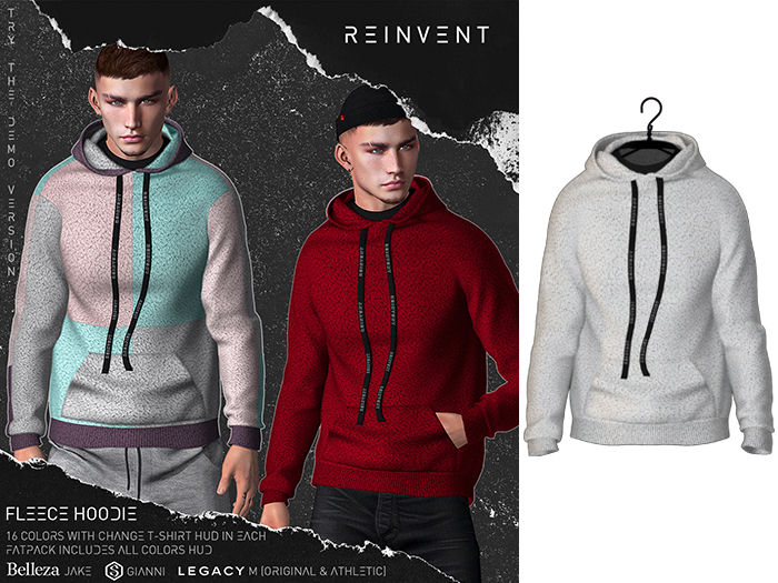 REINVENT I Fleece hoodie I Snow [Belleza Jake, Signature Gianni, Legacy male (original & athletic)]