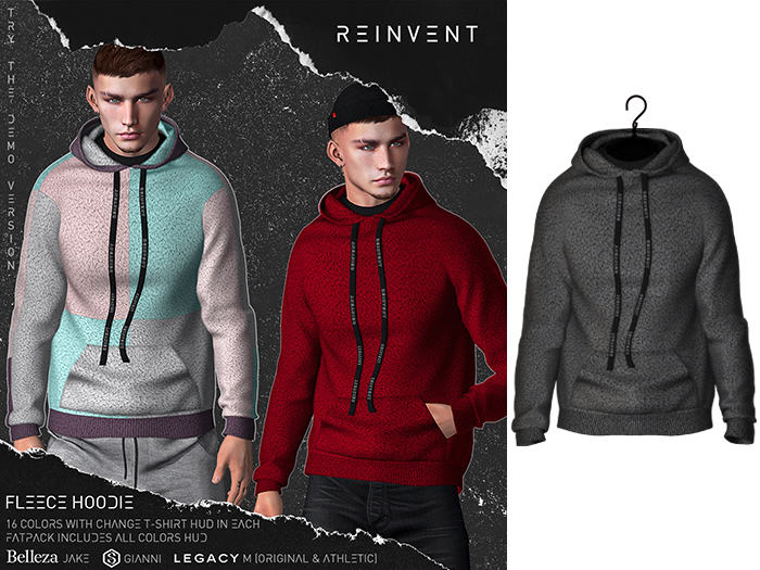REINVENT I Fleece hoodie I Shadow [Belleza Jake, Signature Gianni, Legacy male (original & athletic)]