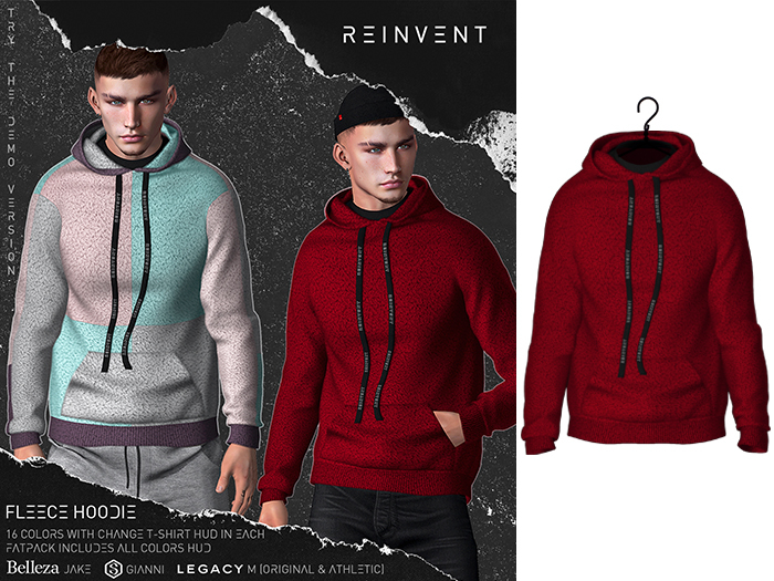 REINVENT I Fleece hoodie I Red [Belleza Jake, Signature Gianni, Legacy male (original & athletic)]