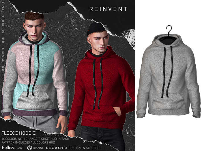 REINVENT I Fleece hoodie I Gray [Belleza Jake, Signature Gianni, Legacy male (original & athletic)]