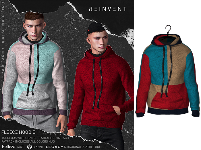 REINVENT I Fleece hoodie I Clrblock1 [Belleza Jake, Signature Gianni, Legacy male (original & athletic)]