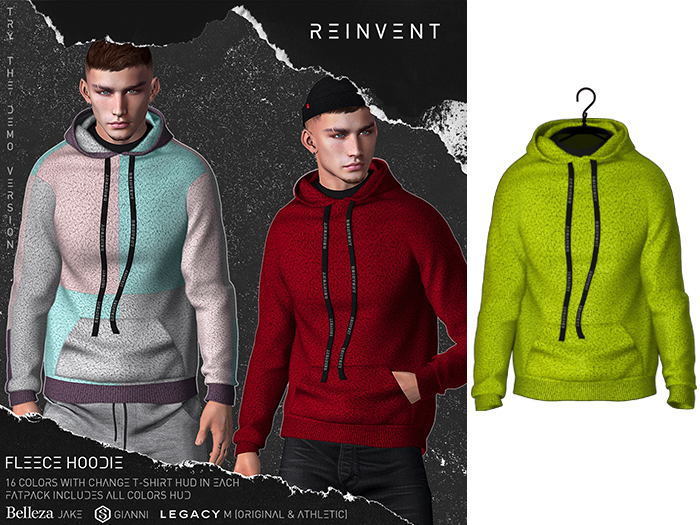 REINVENT I Fleece hoodie I Acid [Belleza Jake, Signature Gianni, Legacy male (original & athletic)]