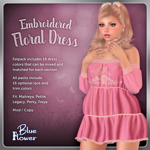 Blue Flower - Embroidered Floral Dress - Fatpack