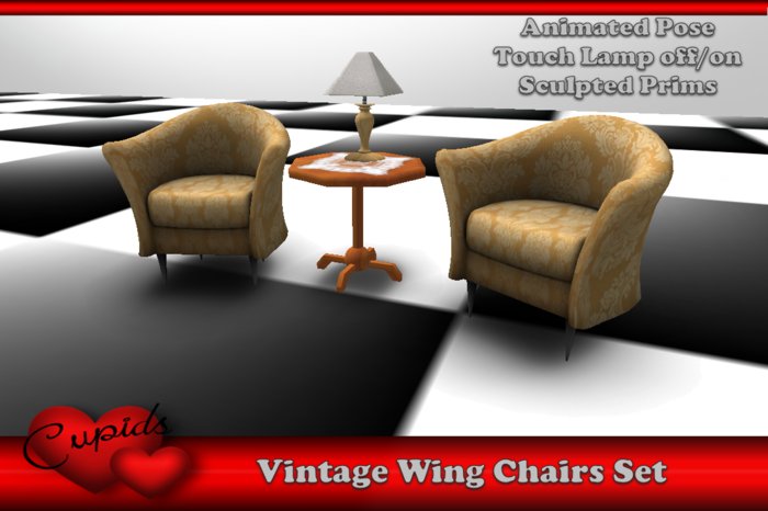 *CUPIDS*  Vintage Wing Chair Set Gold Brocade