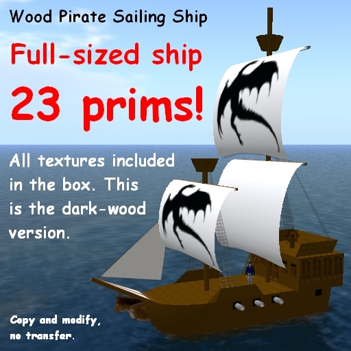 23 prim full-sized dark wood pirate sailing ship