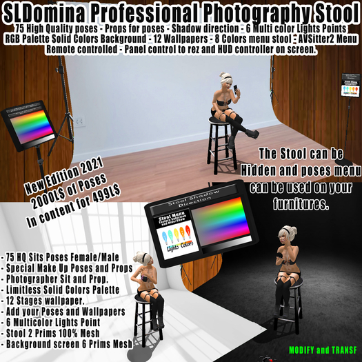 PHOTO TOOLS -  Photo Studio Stool 75 Quality Poses, Lights, shadow, backgrop, props, make up, phone, 2000L$ of poses.