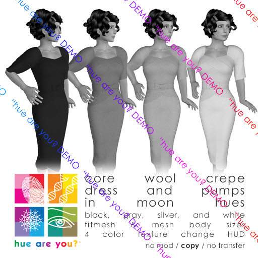"hue are you?" DEMO core wool crepe dress with matching retro pumps