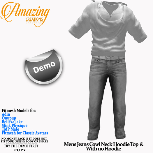 AmAzInG CrEaTiOnS Mens Jeans Cowl Neck Hoodie Top 4 Demo