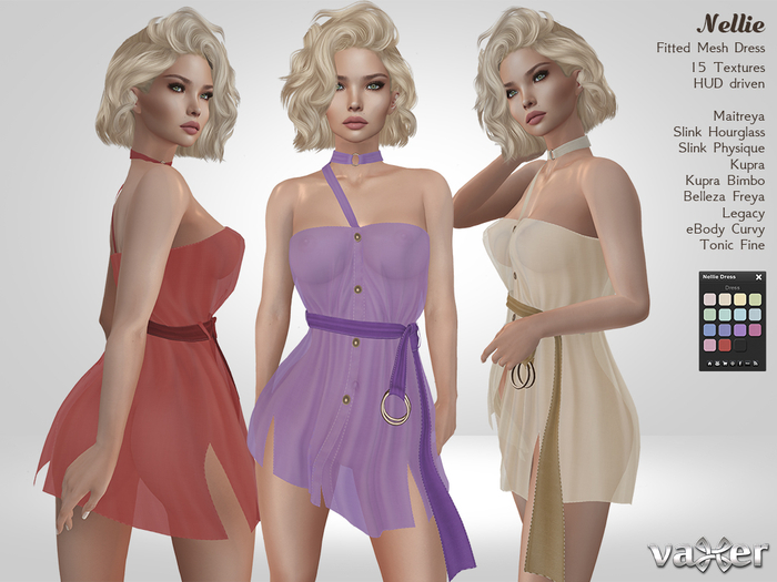 Vaxer : Nellie Dress - Maitreya, Slink, Belleza, eBody, Kupra,Tonic and Legacy. 15 Text. HUD