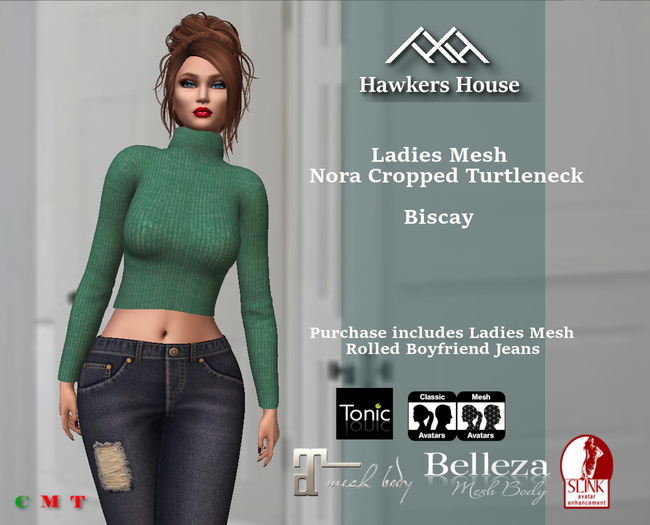 *HH* Ladies Mesh Nora Cropped Turtleneck Biscay