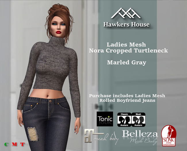 *HH* Ladies Mesh Nora Cropped Turtleneck Marled Gray